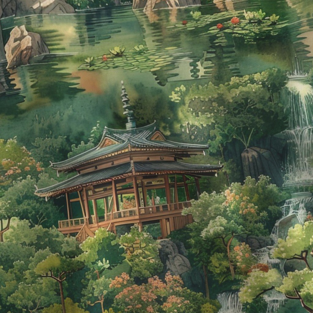 Zen Garden Haven Waterfalls Amidst Verdant Greenery Fabric botanical paradise fabric