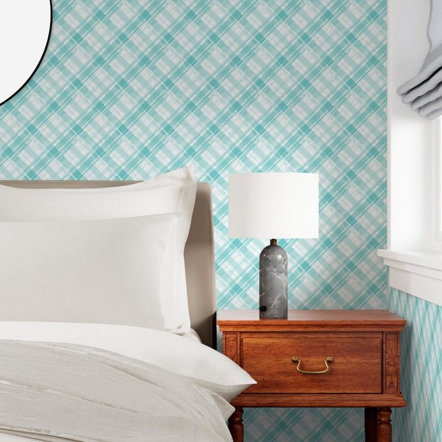 Faded Madras Diagonal Plaid in Aqua Wallpaper aqua madras wallpaper