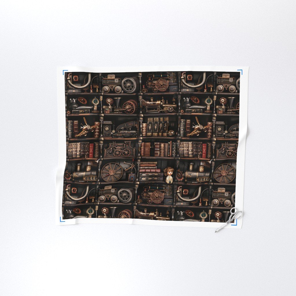 Steampunk Vintage Bookcase Gears Pipes and Antique Treasures Fabric dark tones fabric