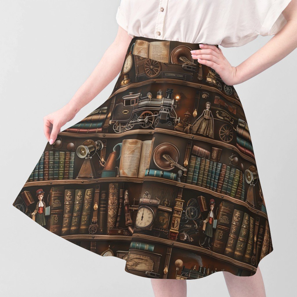 Vintage Steampunk Bookcase with Antique Trains and Books Fabric rich wood fabric