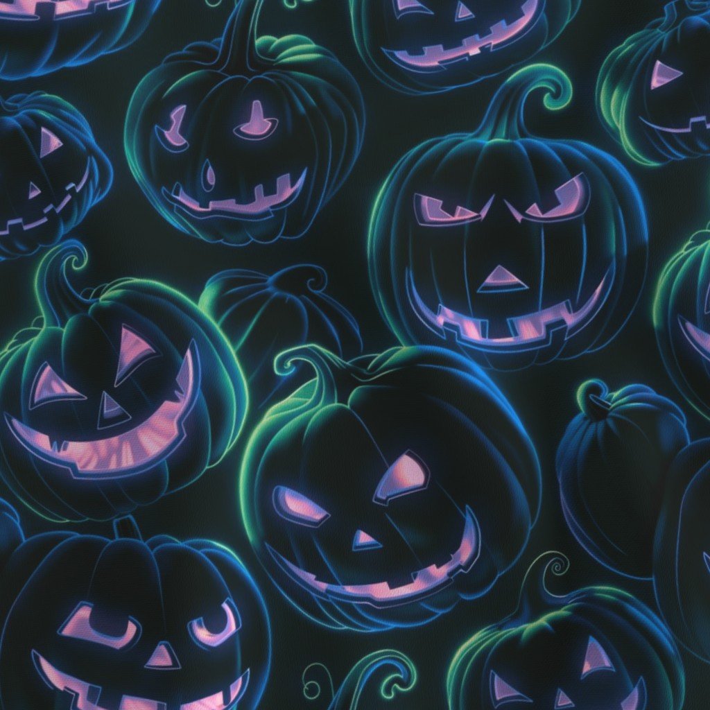 Neon Blue and Pink Halloween Pumpkins Glowing in the Dark Fabric jack-o -lanterns fabric