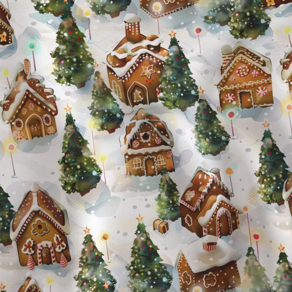 Watercolor Gingerbread Village in Winter Wonderland with Decorated Fabric cozy fabric