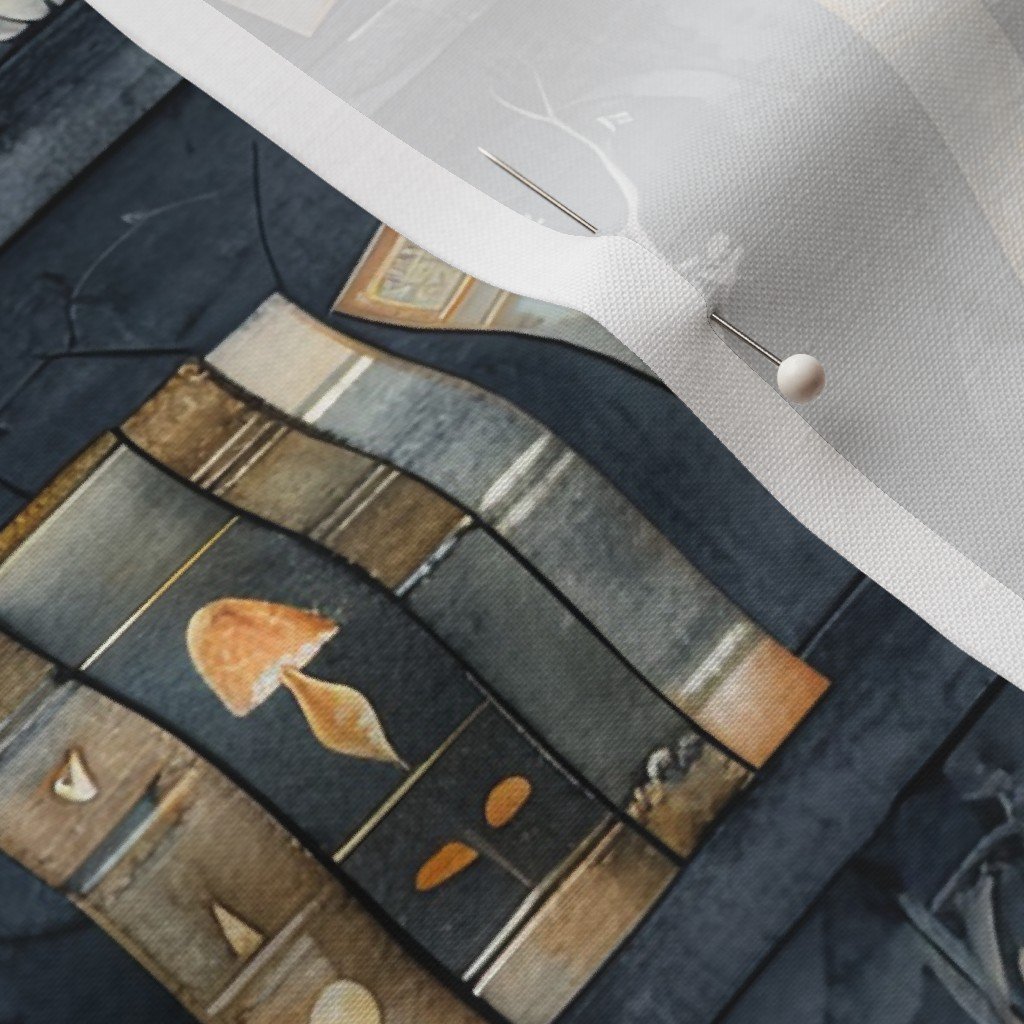 Dark Blue Halloween Pumpkins and Vases on Vintage Bookcase Fabric autumnal fabric