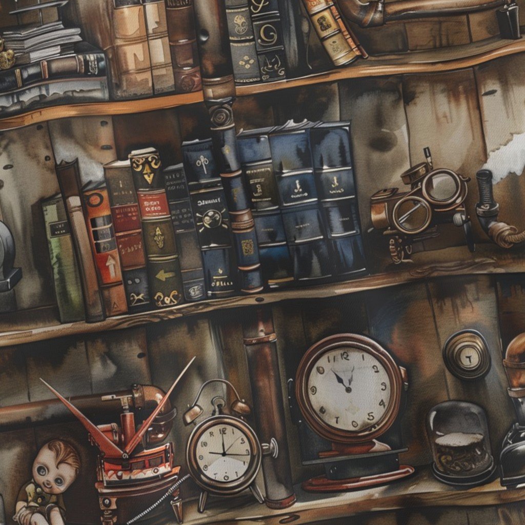 Vintage Steampunk Bookcase with Pipes Hoses and Gears in Watercolor Fabric bookcase fabric