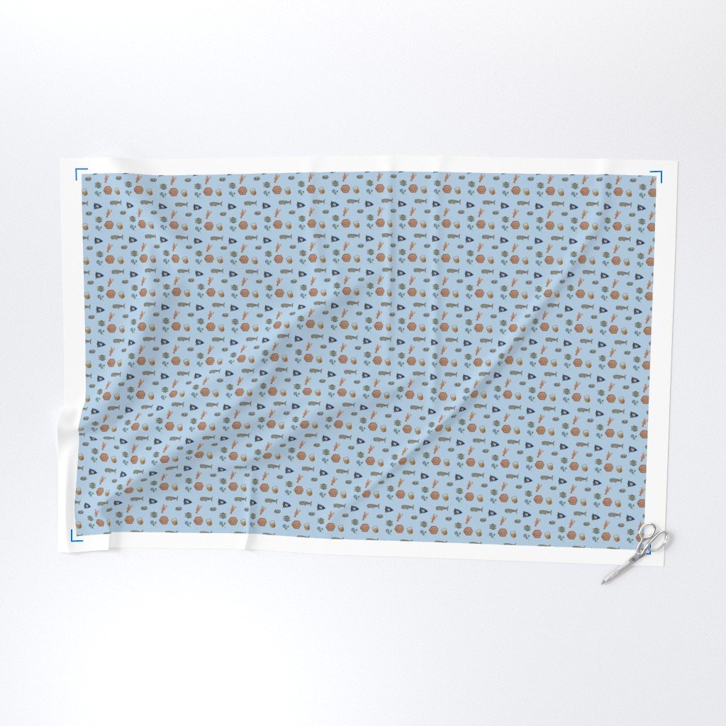 Nantucket Island Symbols and Motifs in Mini on Blue Fabric cape cod islands fabric