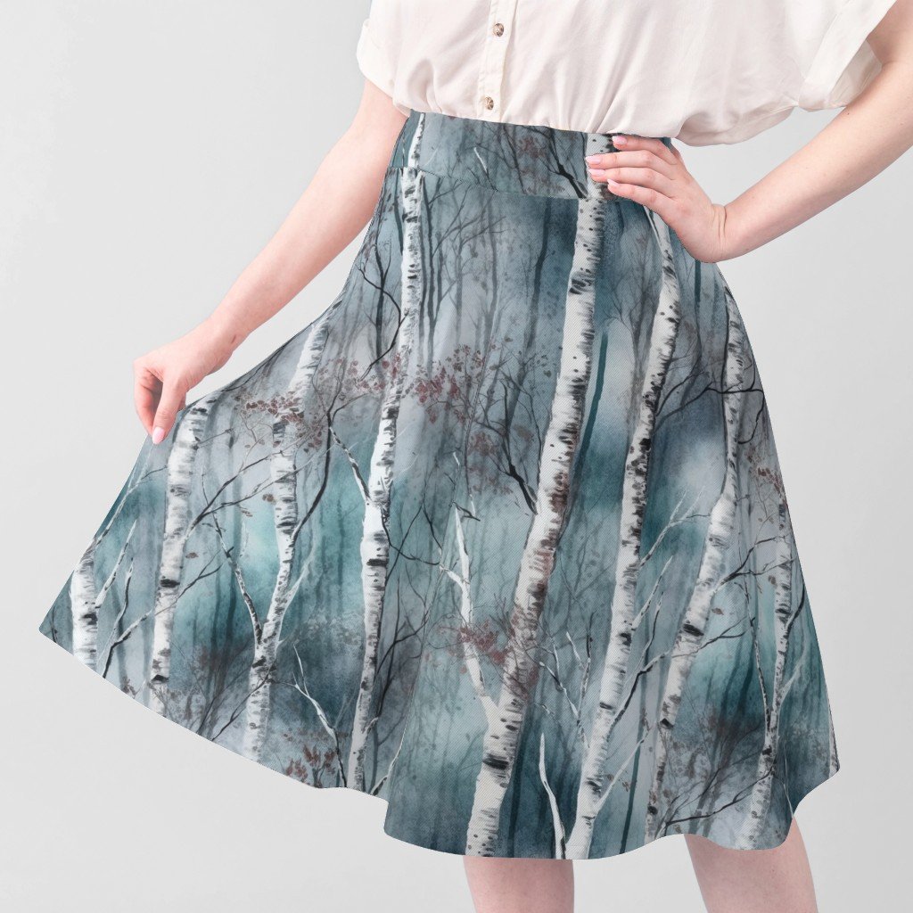 Endless Silver Birch Tree Dreamscape in Misty Teal and Soft Red Fabric calming fabric