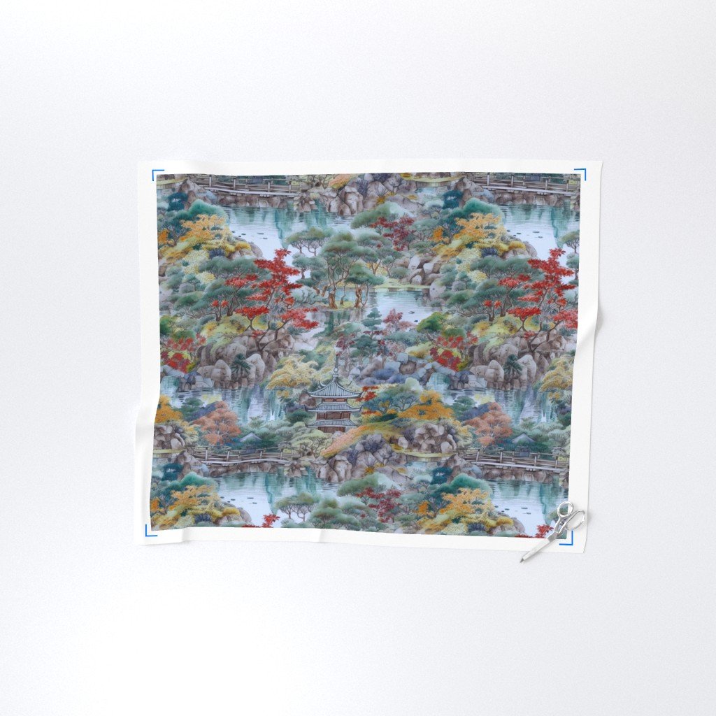 Japanese Autumn Water Garden Watercolor with Temples in Soft Blue and Fabric soft blue fabric