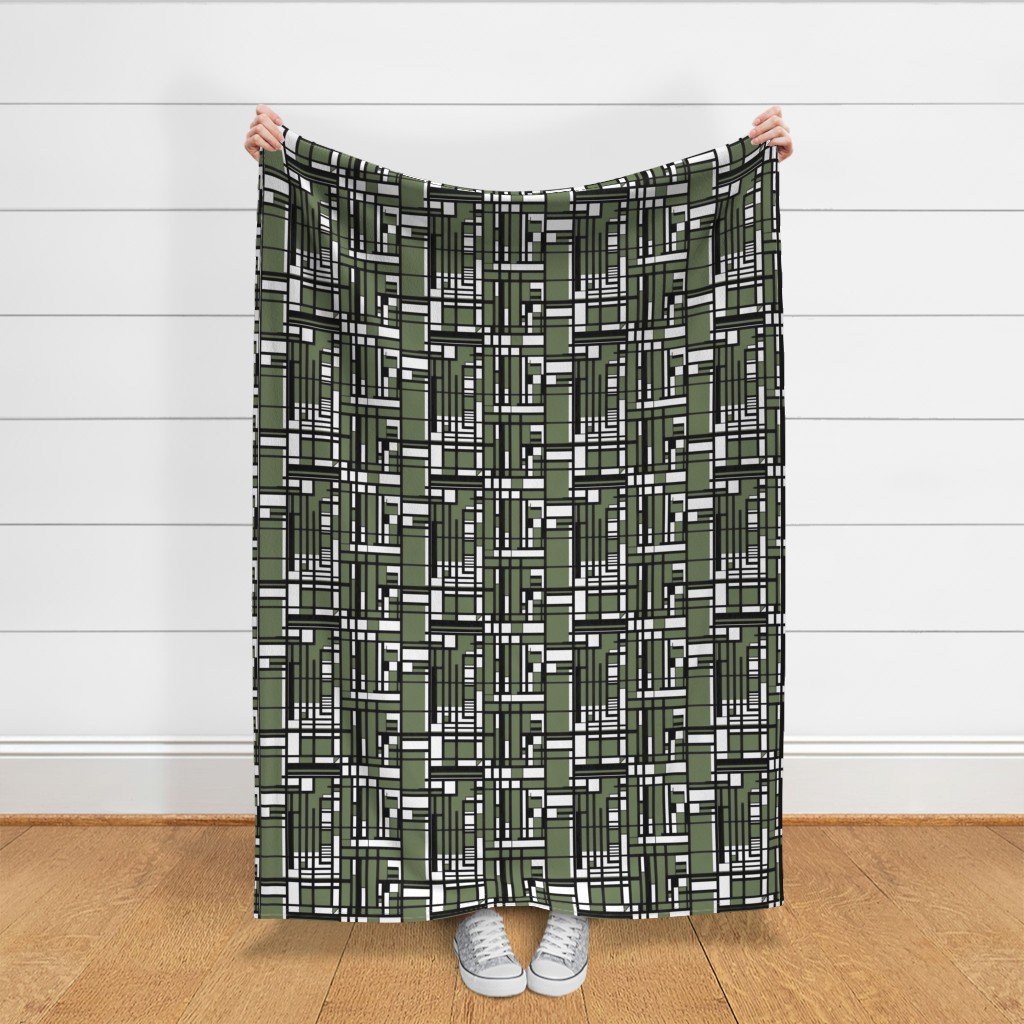 Sage Green Modernist City Blocks Geometric Pattern Fabric abstract lines fabric