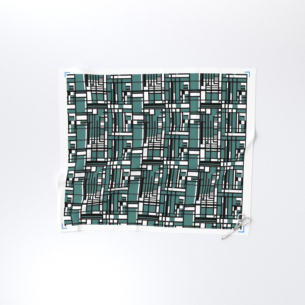 Dusty Teal Modernist City Blocks Geometric Pattern Fabric abstract lines fabric