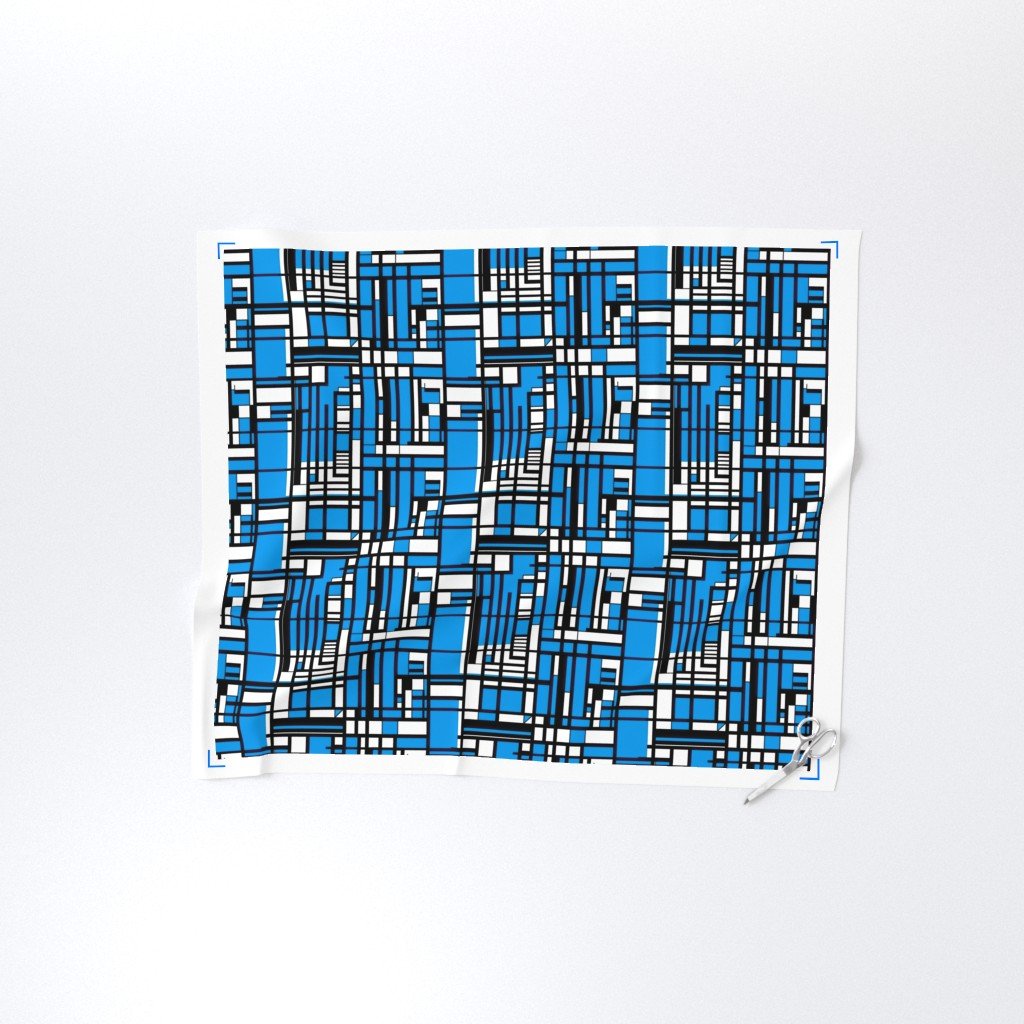 Cyan Blue Modernist City Blocks Geometric Pattern Fabric abstract lines fabric