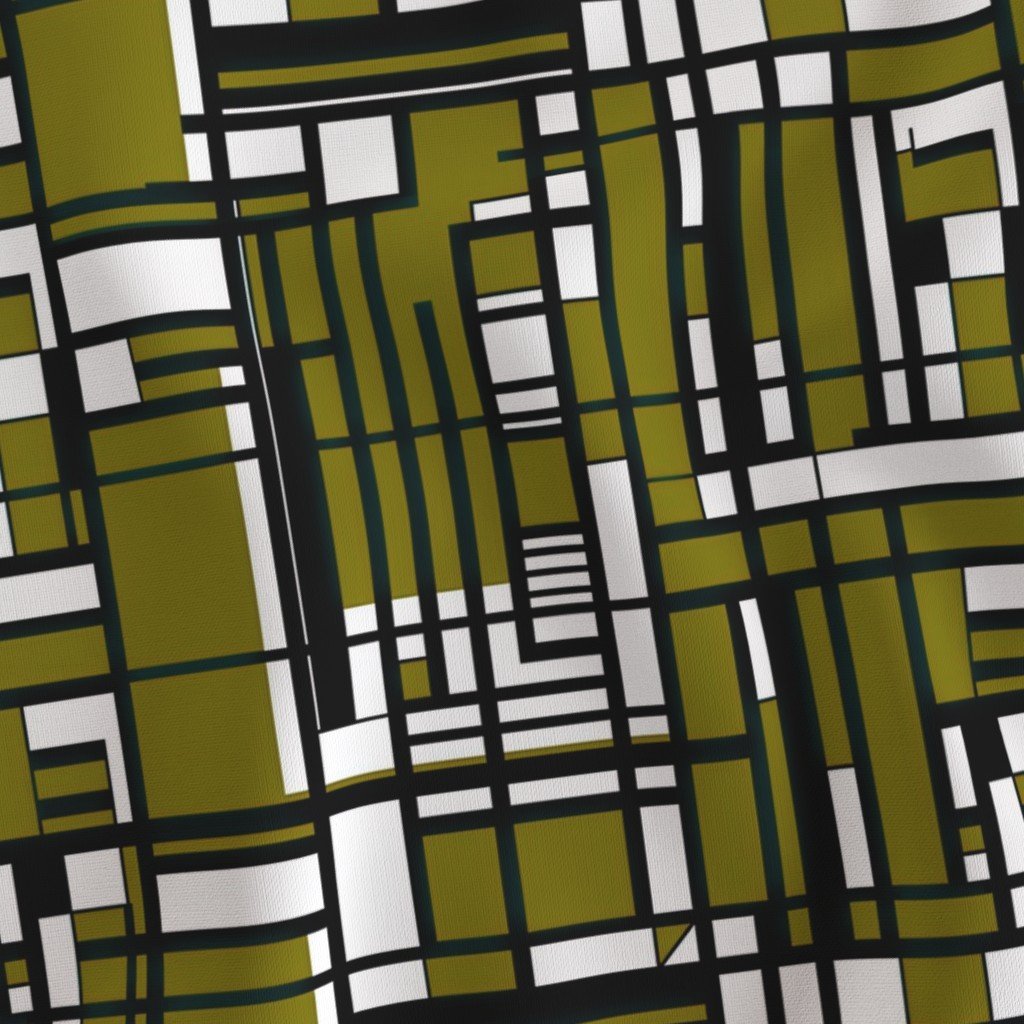 Olive Green Modernist City Blocks Geometric Pattern Fabric abstract lines fabric