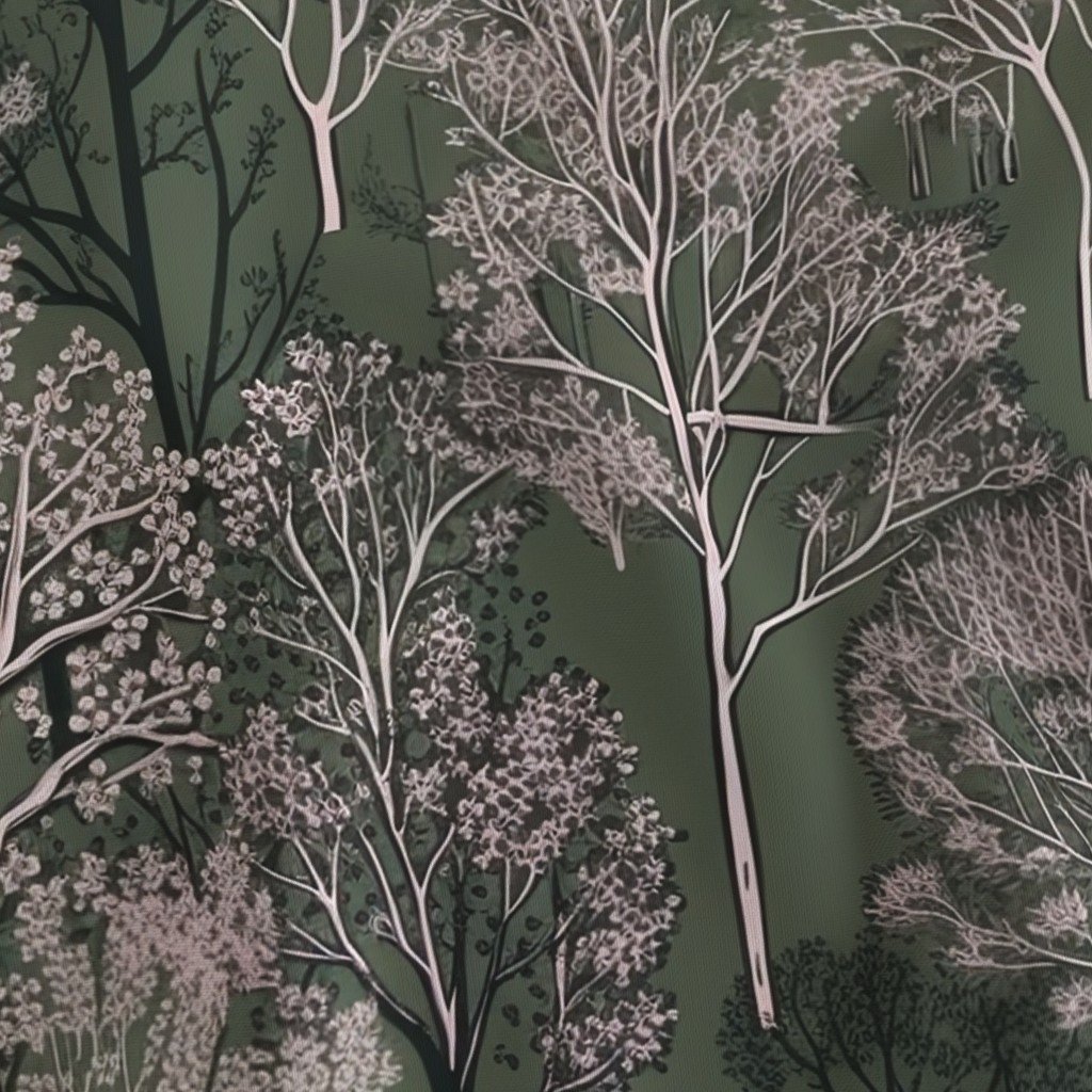 New England Endless Forest Trees in Mossy Green Winter Fabric cool tone fabric