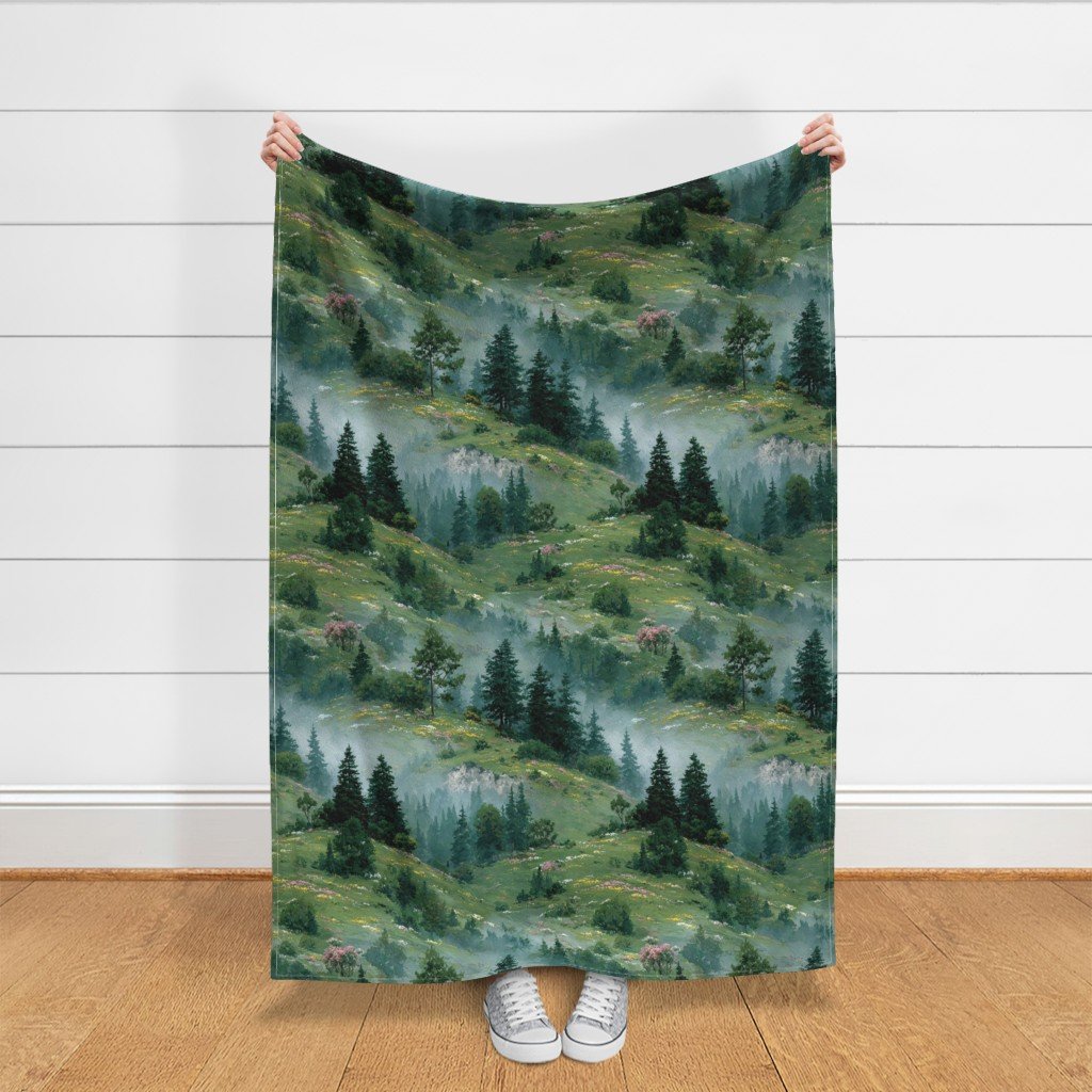 Olympic National Park Spring Watercolor Wildflower Landscape Fabric coast fabric