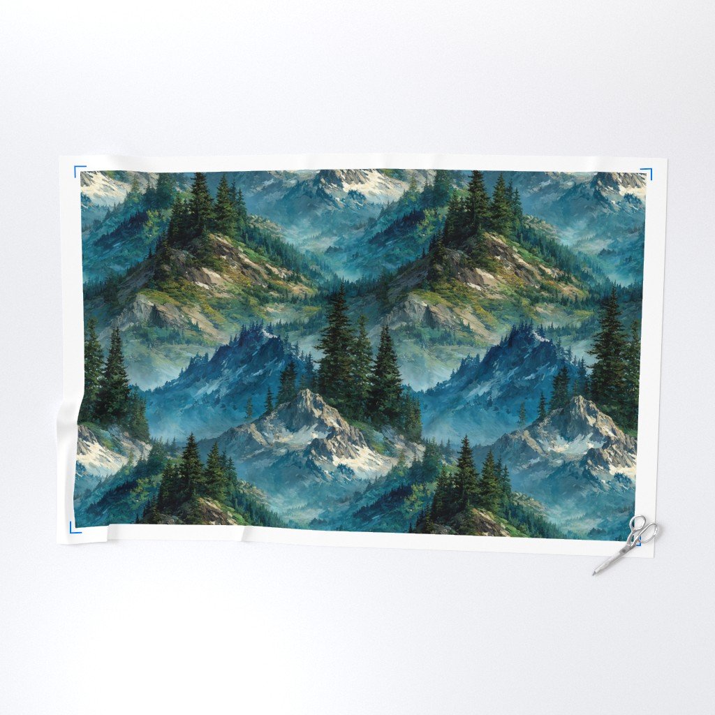 Olympic National Park Summer Watercolor Mountain Landscape Fabric forest fabric