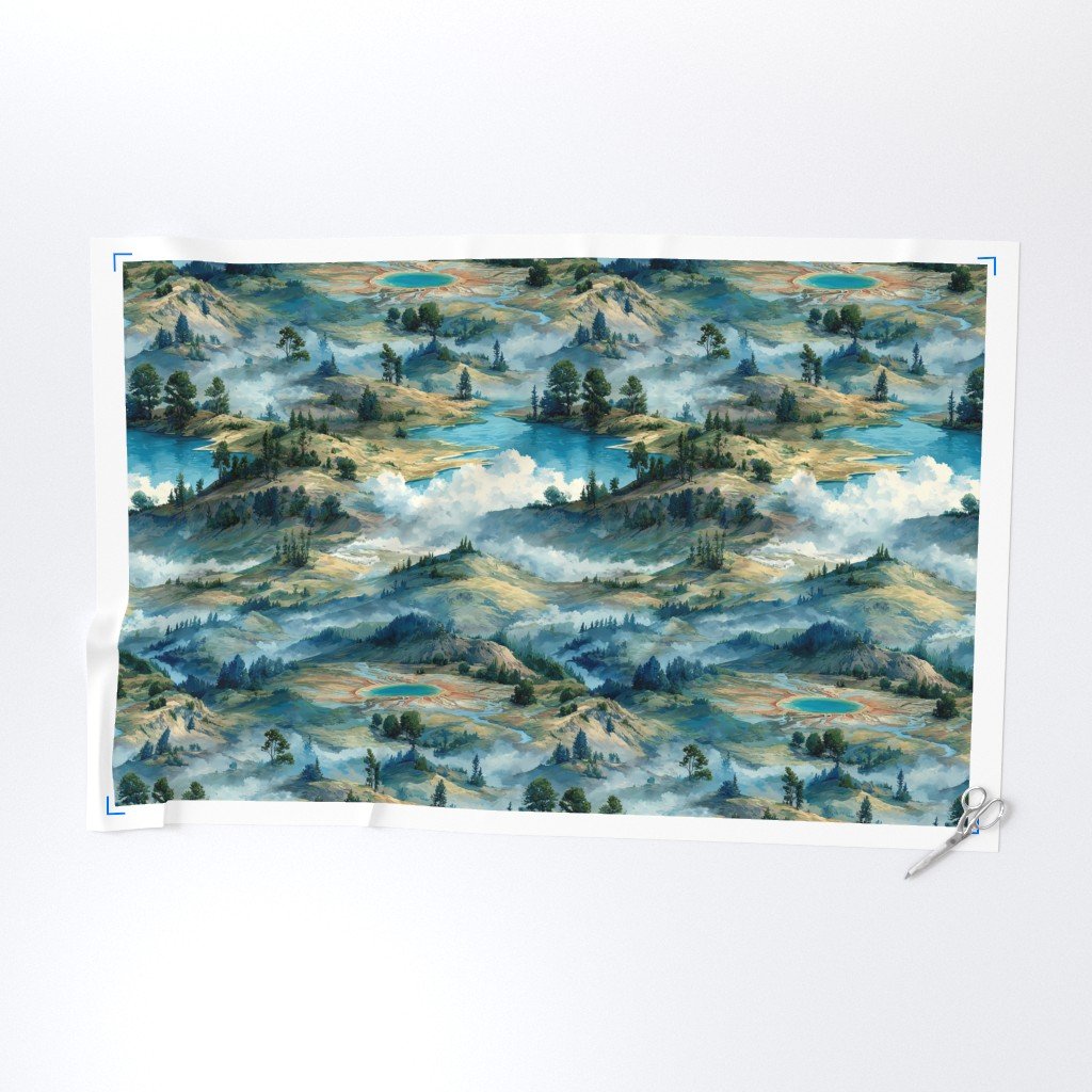 Yellowstone National Park Summer Watercolor Hot Spring Landscape Fabric grand prismatic fabric