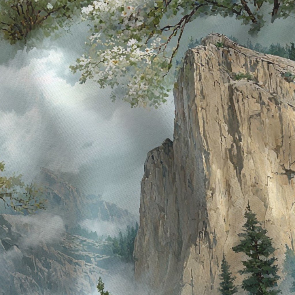 Yosemite National Park Spring Watercolor Granite Cliff Landscape Fabric cliff fabric