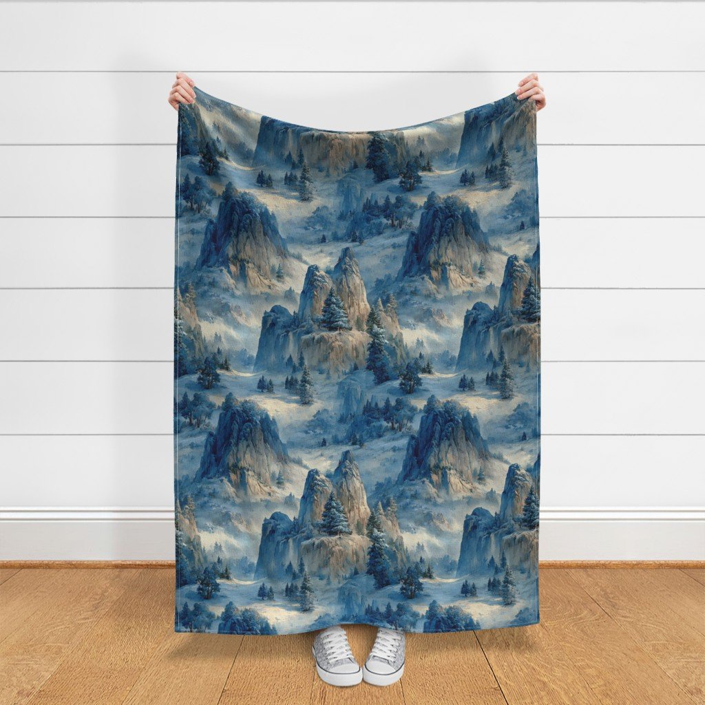 Yosemite National Park Winter Christmas Watercolor Scenic Fabric cliffs fabric