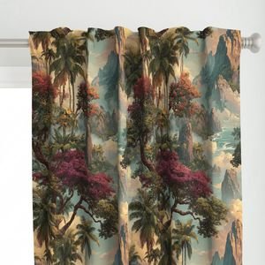 Vintage Hawaiian Watercolor Landscape with Misty Mountains and Palms Decor Collection Home Styling Collection exotic curtain design