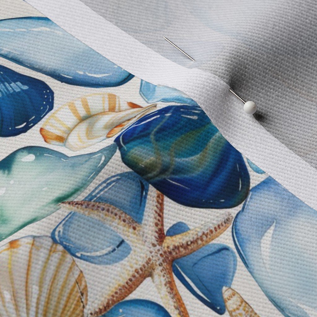 Watercolor Sea Glass Shells and Starfish Coastal Pattern in Ocean Fabric cool tone fabric