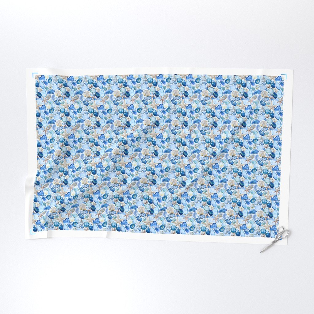 Watercolor Sea Glass Shells and Starfish Coastal Pattern in Seafoam Fabric sea glass fabric