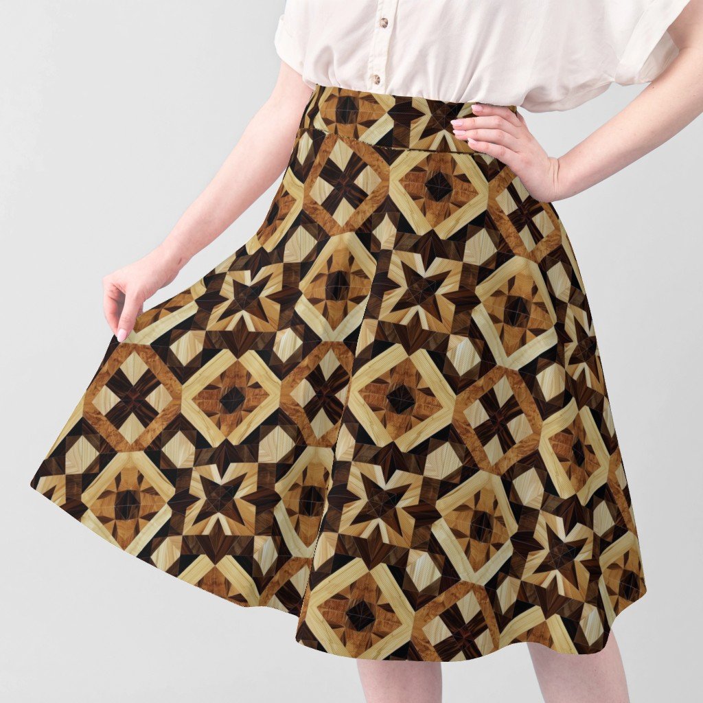 Geometric Marquetry Wood Inlay Pattern in Rich Dark Wood Tones Fabric rich tones fabric