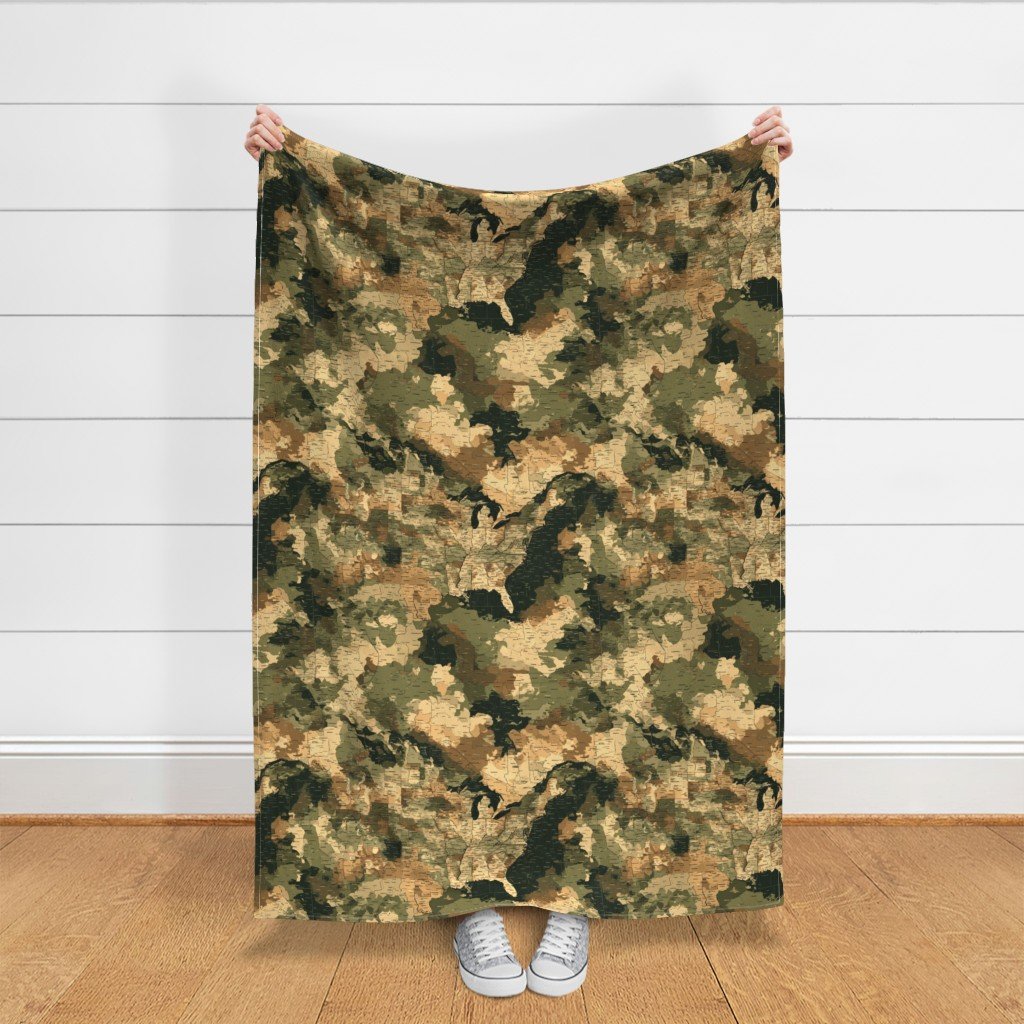 USA State Outline Camouflage in Sand and Deep Forest Fabric earth tone fabric
