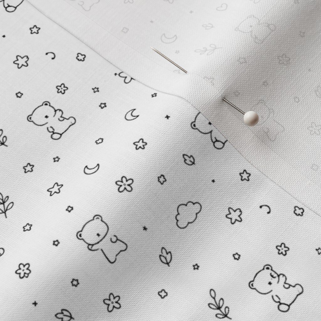 Minimal Black And White Teddy Bear Doodle Pattern With Stars Hearts Fabric hand drawn fabric