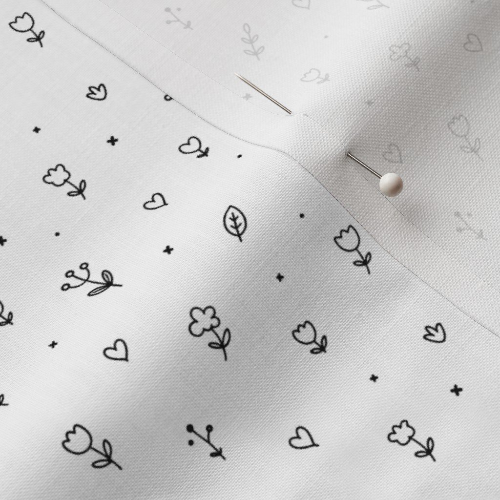 Minimal Black And White Floral Doodle Pattern With Hearts And Leaves Fabric hand drawn fabric