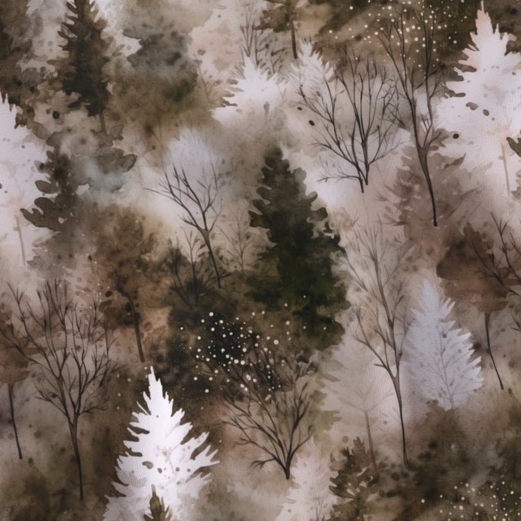 Small Endless Winter Tree Dreamscape Trees in Earthy Misty Forest Fabric abstract fabric