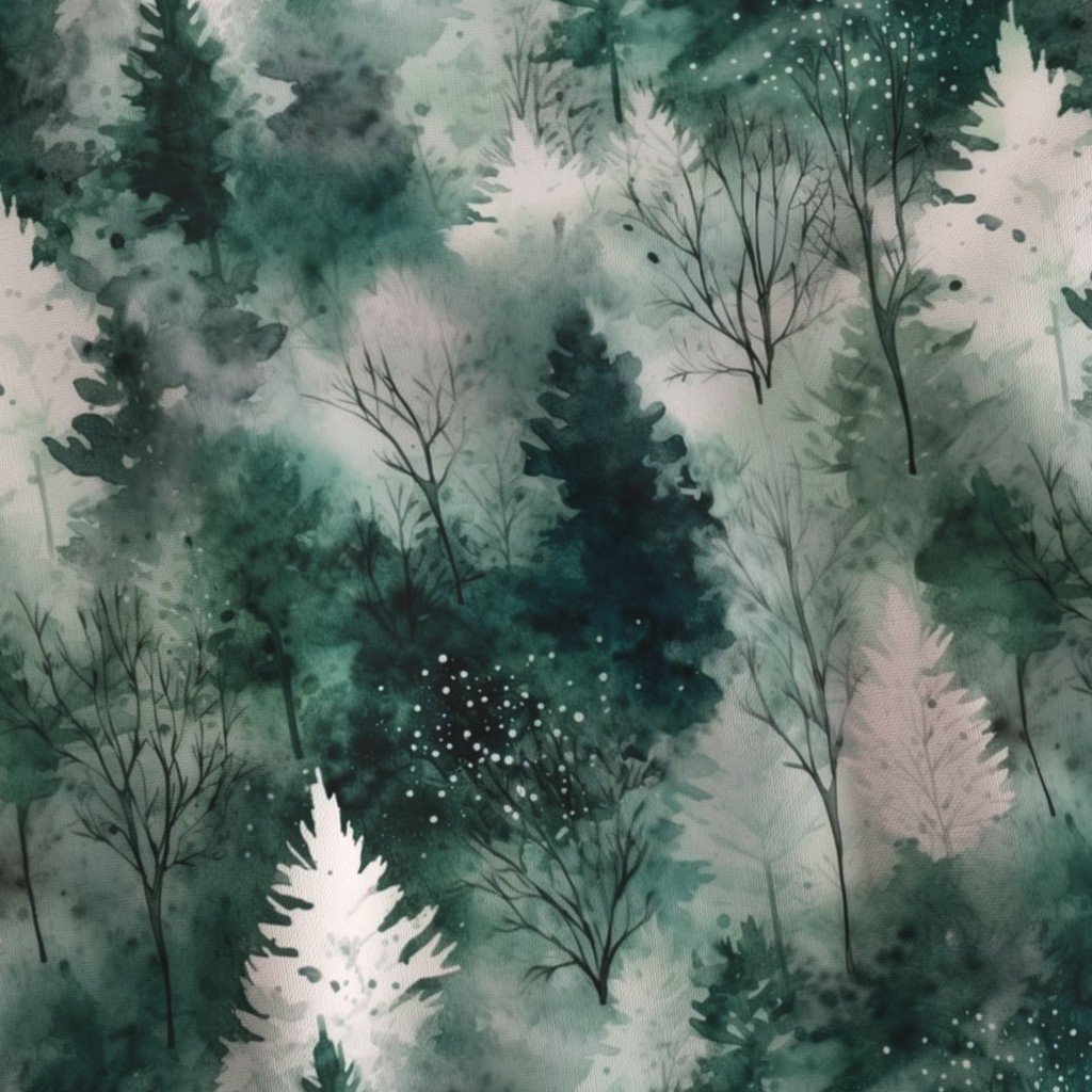 Small Endless Winter Tree Dreamscape Trees in Cool Teal Misty Forest Fabric cool tone fabric