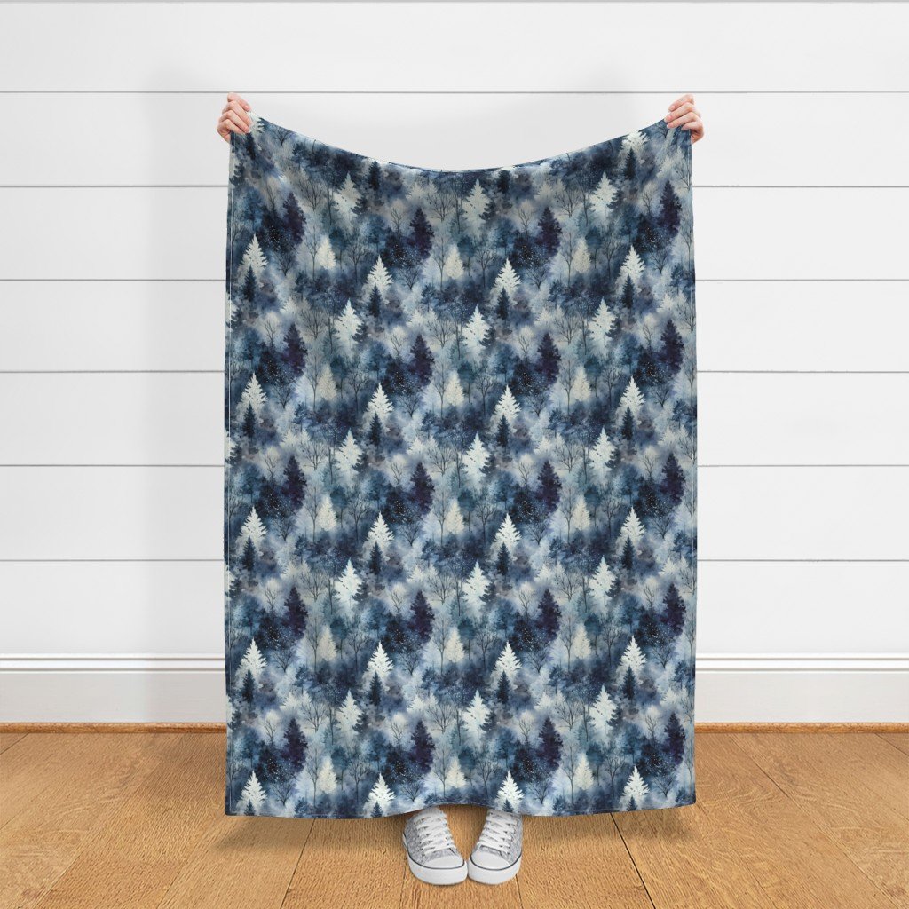 Small Endless Winter Tree Dreamscape Trees in Deep Blue Misty Forest Fabric cool tone fabric