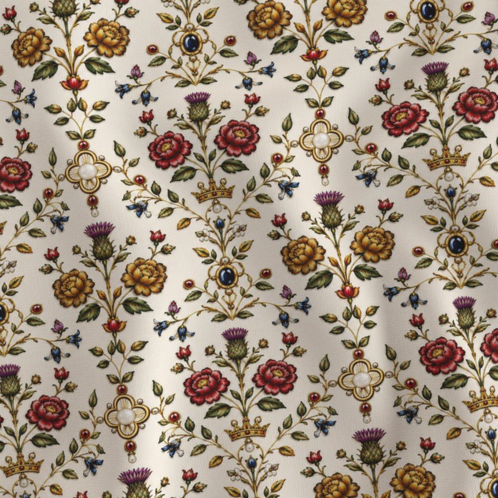 Elizabethan Rainbow Portrait Floral Damask Queen Dress Motif Large Scale Fabric floral motif fabric