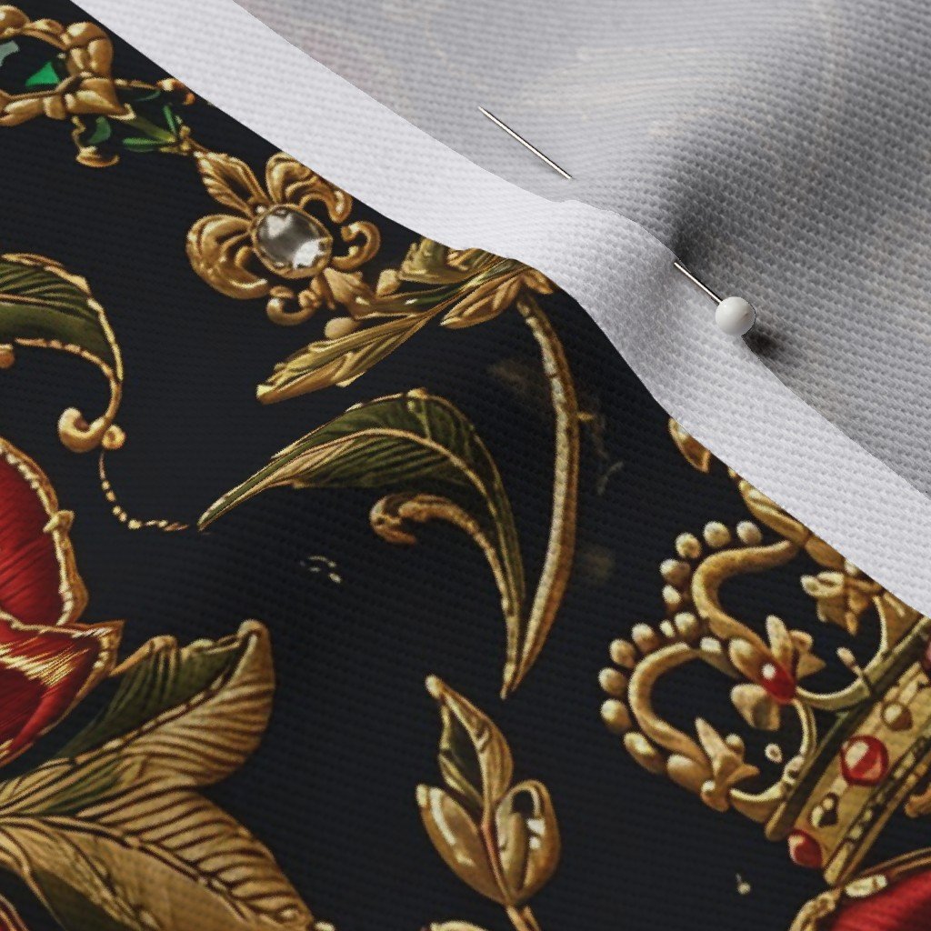 Large Royal Tudor Rose Crown Damask on Midnight Black Fabric jewel tone fabric