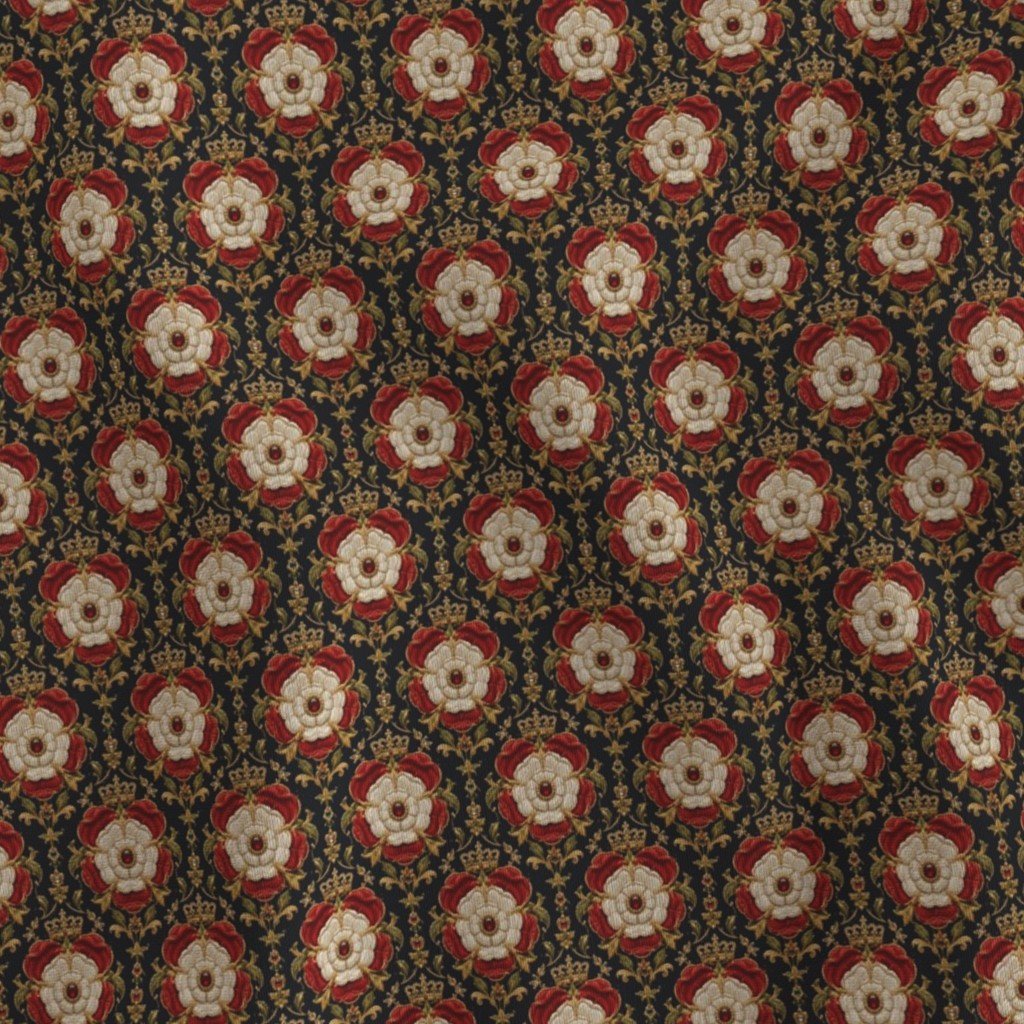 Small Royal Tudor Rose Crown Damask on Midnight Black Fabric jewel tone fabric