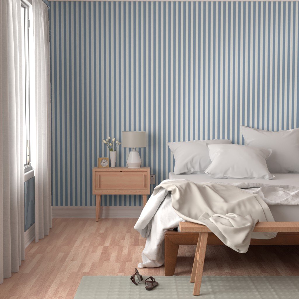 Classic Dusty Blue and Ivory One Inch Broad Stripe Pattern Wallpaper broad stripe wallpaper