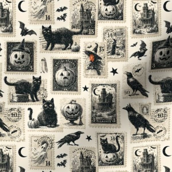 Vintage Halloween Postage Stamps with Black Cats and Pumpkins Design Collection Decor Collection black cat fabric design