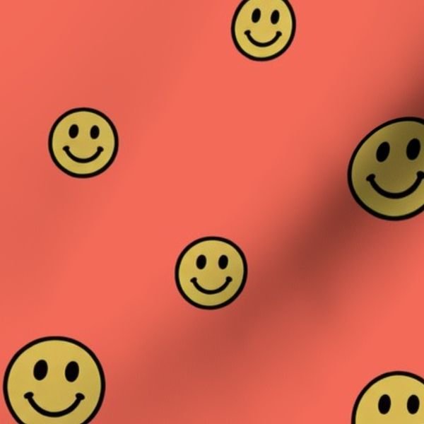 Retro Yellow Smiley Faces on Coral Decor Collection Design Collection 90s nostalgia fabric design