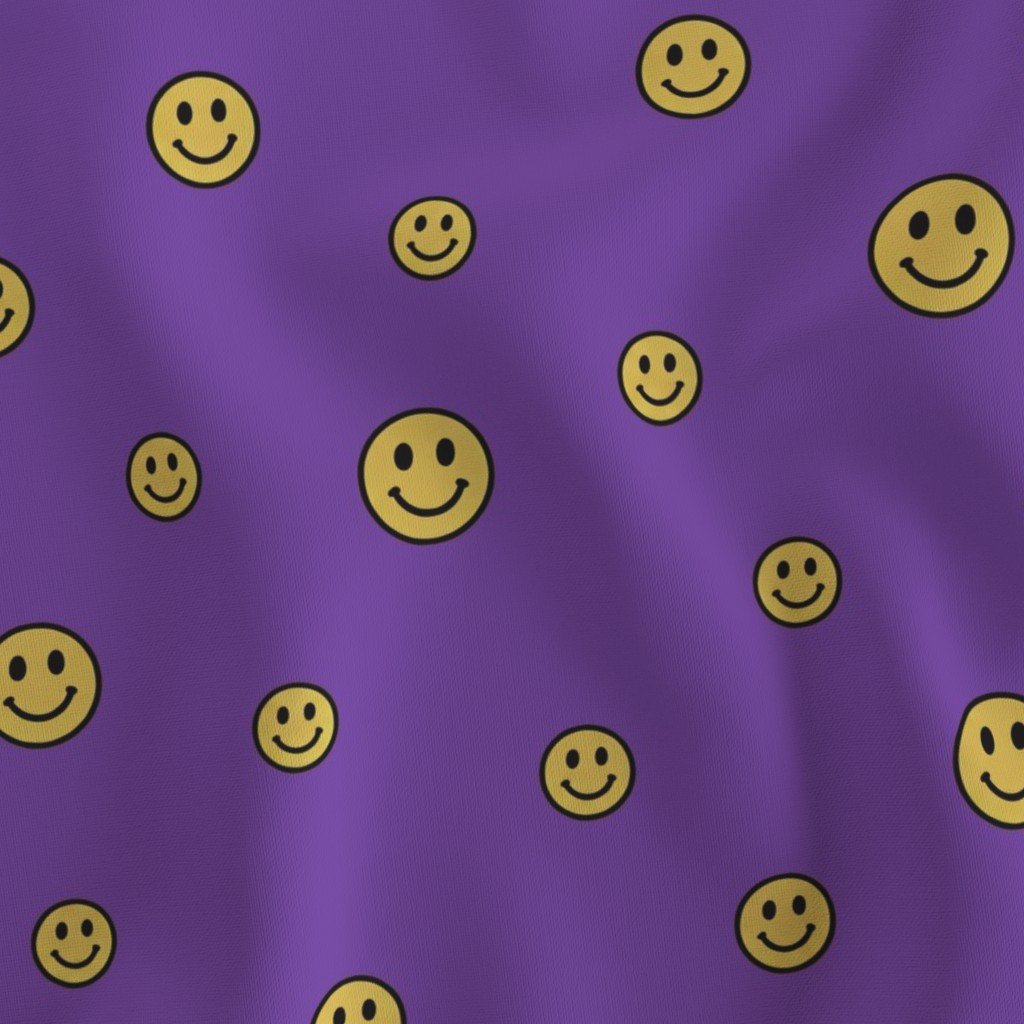 Retro Yellow Smiley Faces on Grape Purple Fabric design fabric