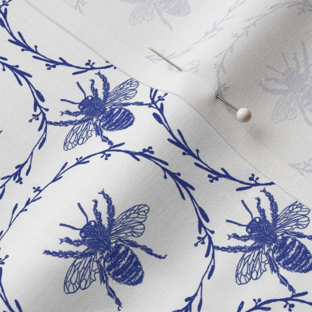 Royal Blue Honey Bees in Wreaths Fabric blue and white fabric