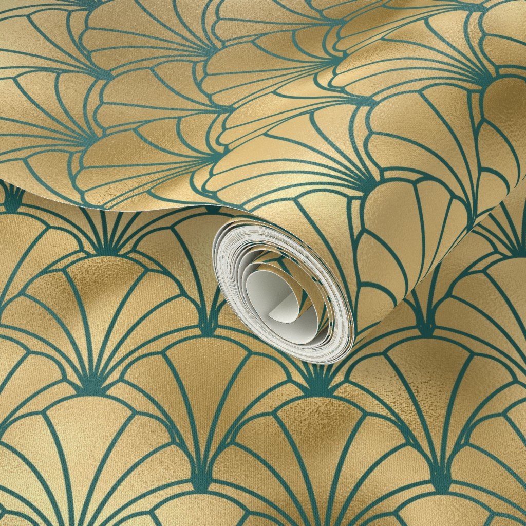 Teal and Faux Gold Foil Vintage Art Deco Scallop Shell Pattern Home Decor Collection Design Collection scallop shell wallpaper