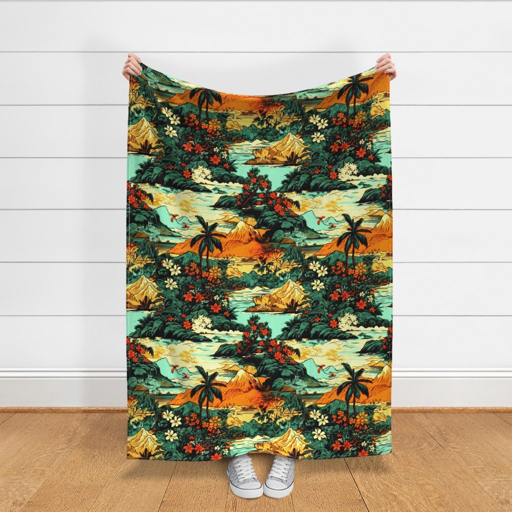 Vintage Hawaiian Tropical Floral Landscape in Bright Volcano Sunset Fabric palm trees fabric