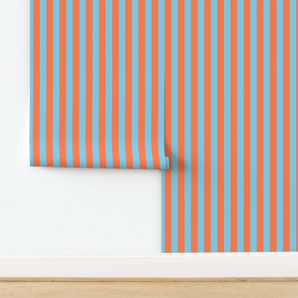 Bold Coastal Classic Coral and Sky Blue Cabana Tent Stripe Wallpaper design