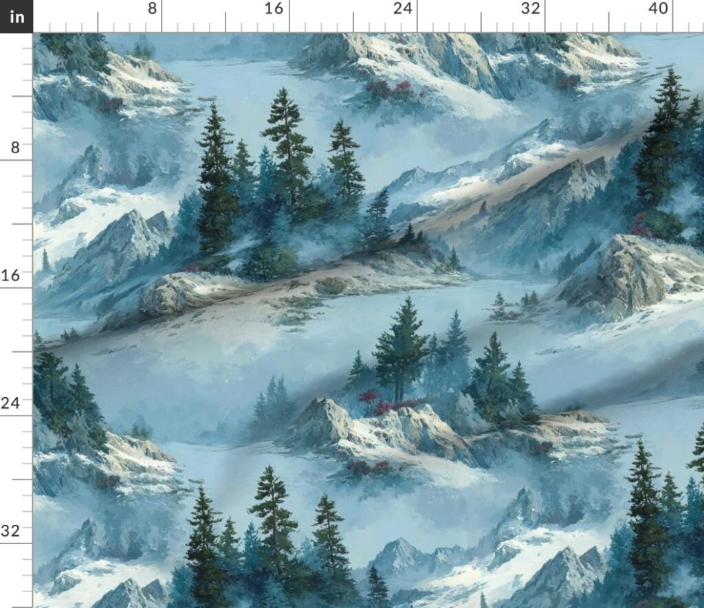 Olympic National Park Winter Christmas Watercolor Landscape Fabric design