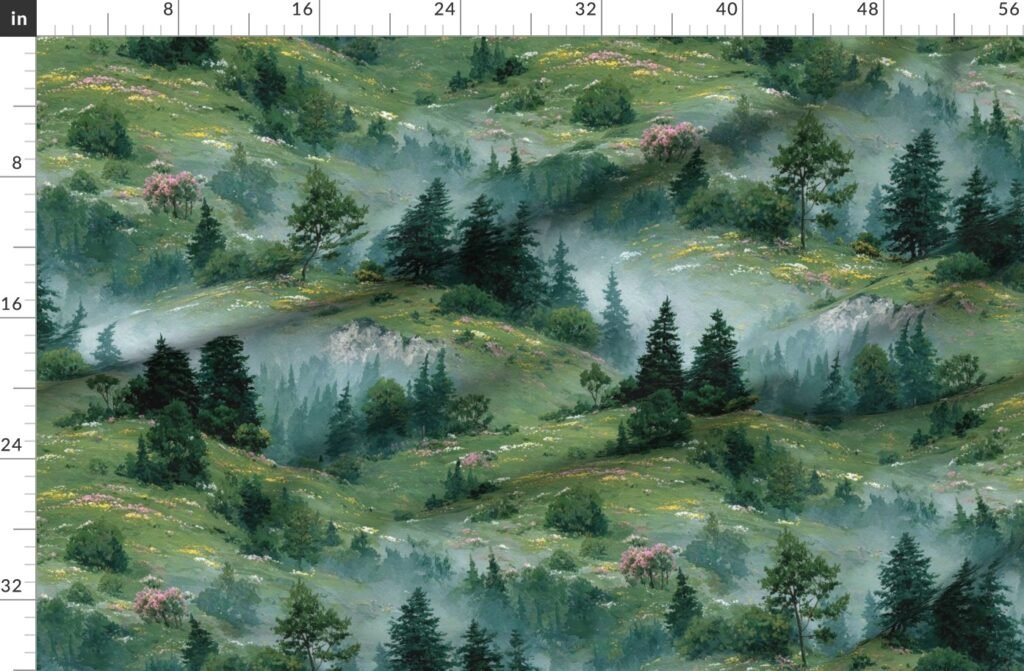 Olympic National Park Spring Watercolor Wildflower Landscape Fabric design