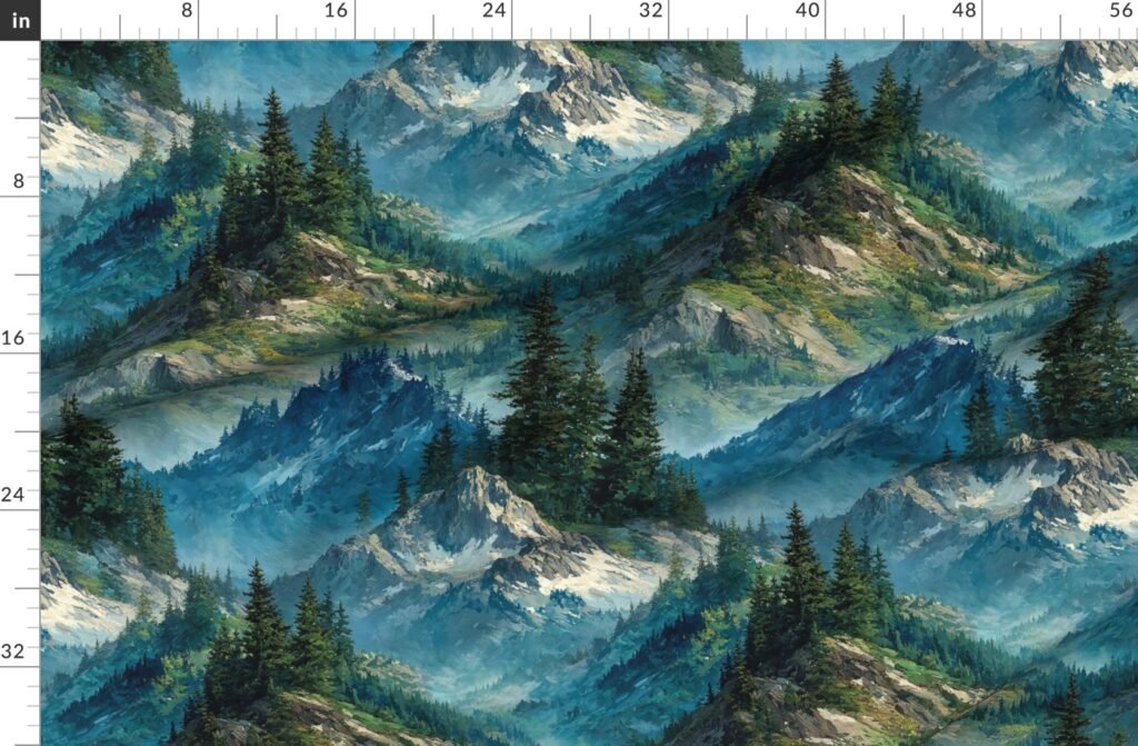 Olympic National Park Summer Watercolor Mountain Landscape Fabric design