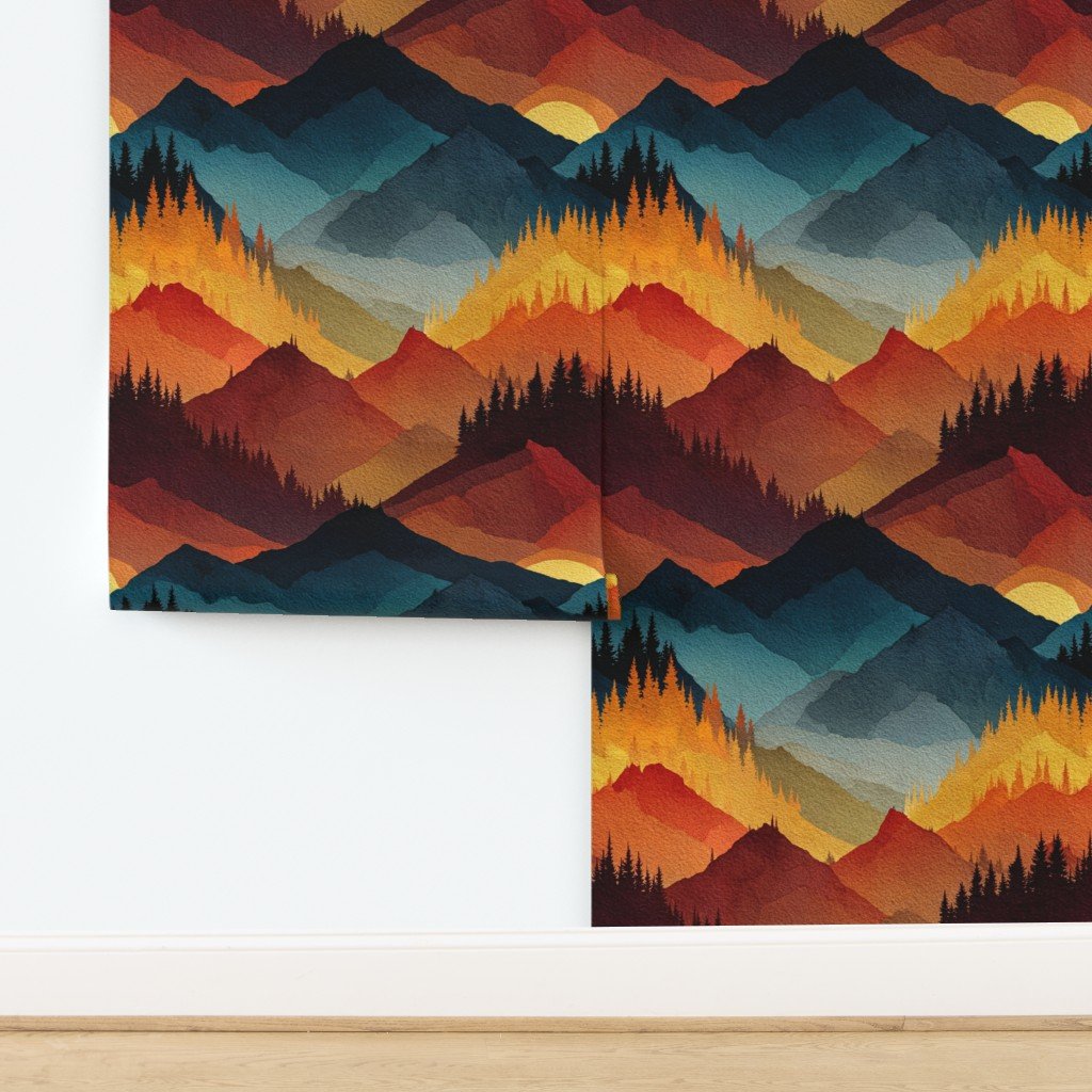 Olympic National Park Autumn Watercolor Forest Landscape Wallpaper design