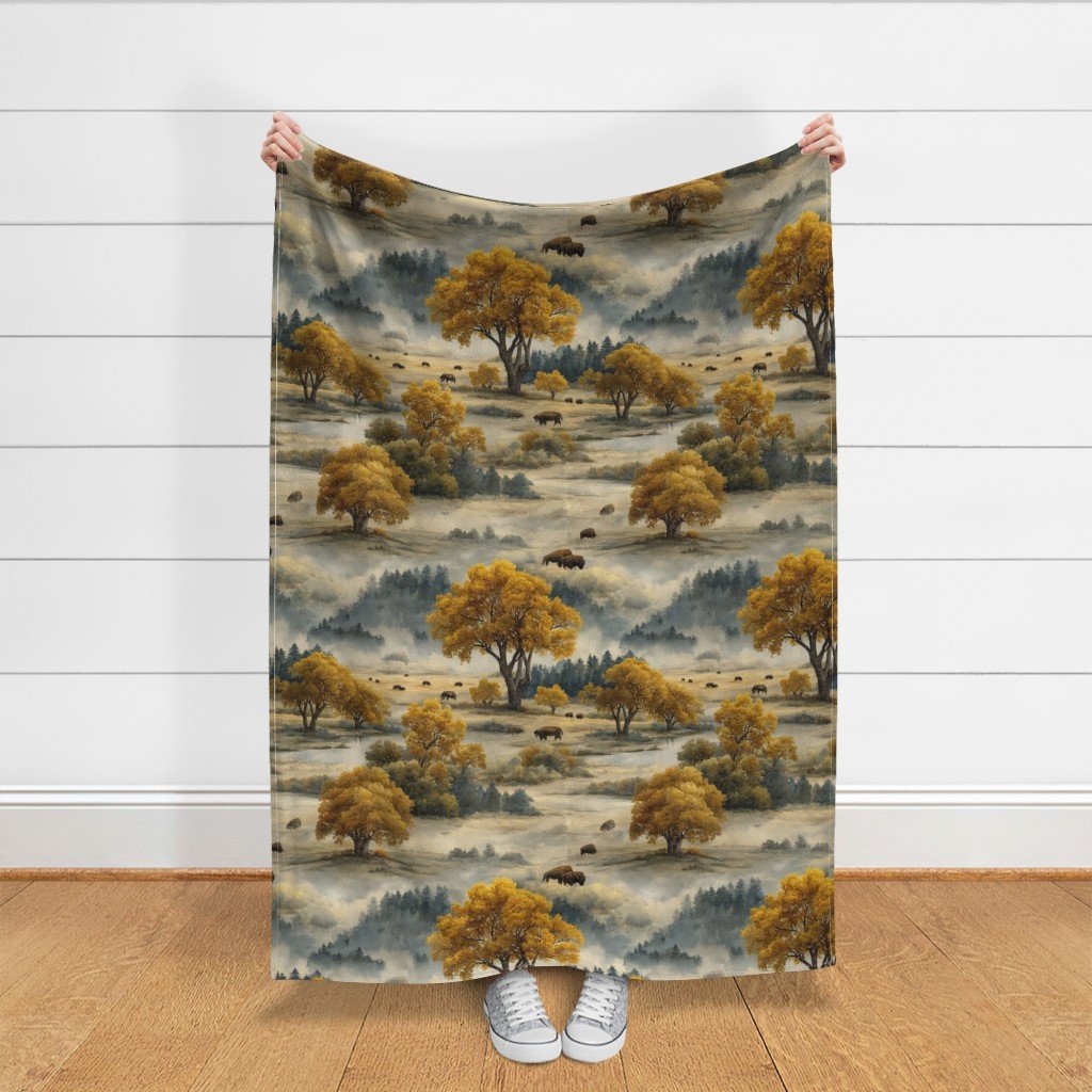 Yellowstone National Park Autumn Watercolor Bison Landscape Fabric autumn fabric