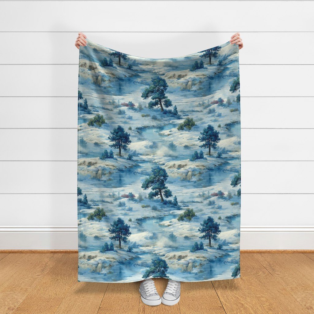 Yellowstone National Park Winter Christmas Watercolor Landscape Fabric hot spring fabric