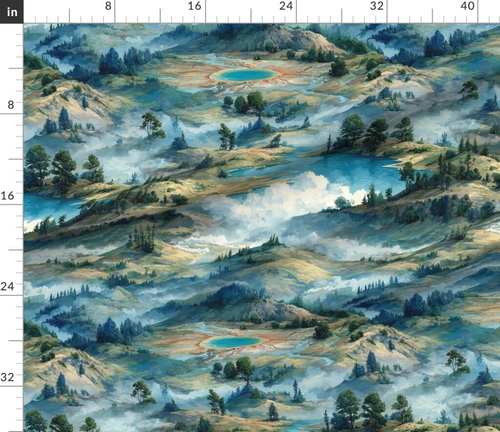 Yellowstone National Park Summer Watercolor Hot Spring Landscape Fabric design