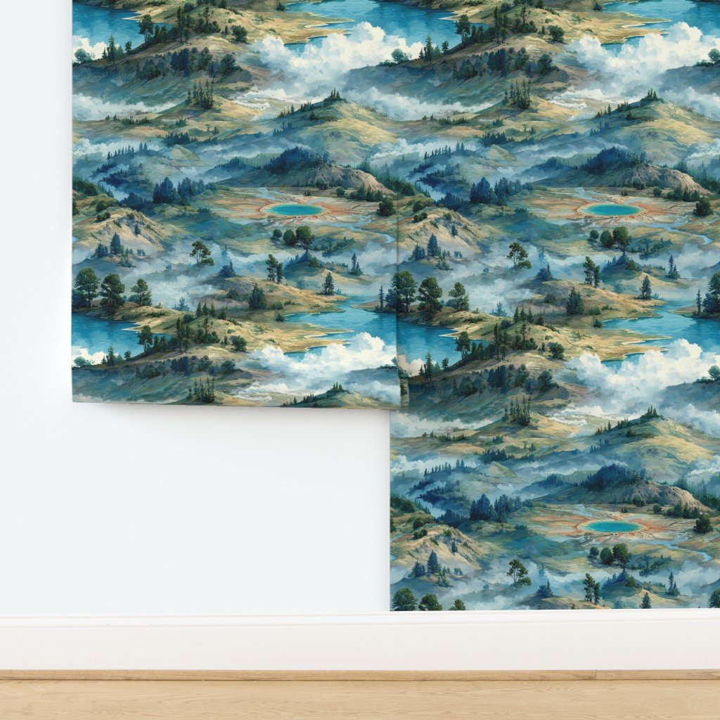 Yellowstone National Park Summer Watercolor Hot Spring Landscape Wallpaper design